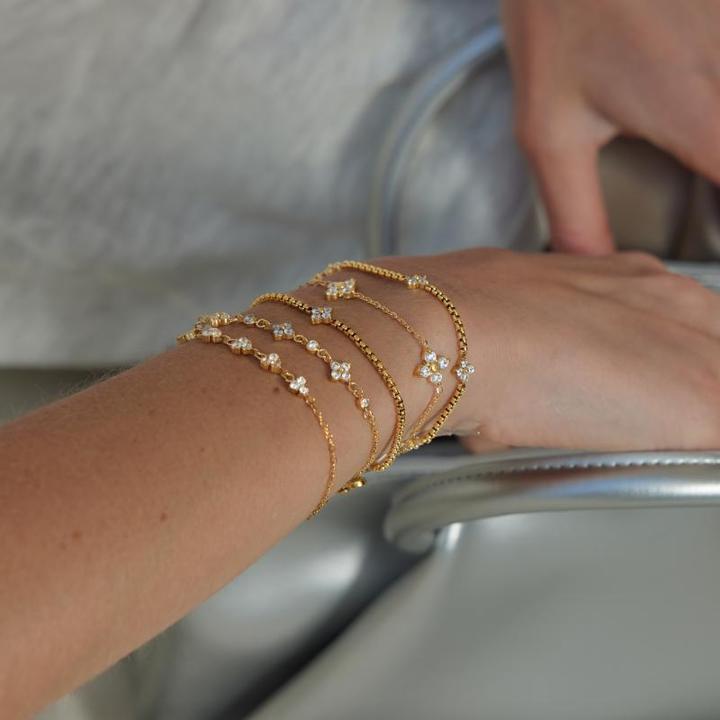 J&D Classic 18K Gold Stainless Steel White Zircon Clover Box Chain Bracelets