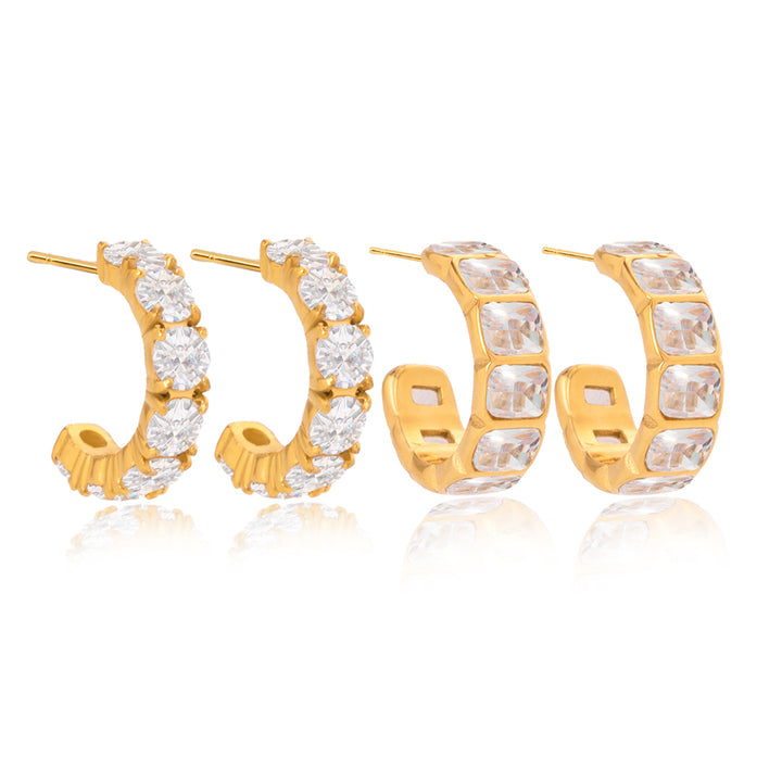 J&D Classic Cubic Zirconia Hoops 18K Gold Stainless Steel Minimalist Square Round White Zirconia C Hoop Earring