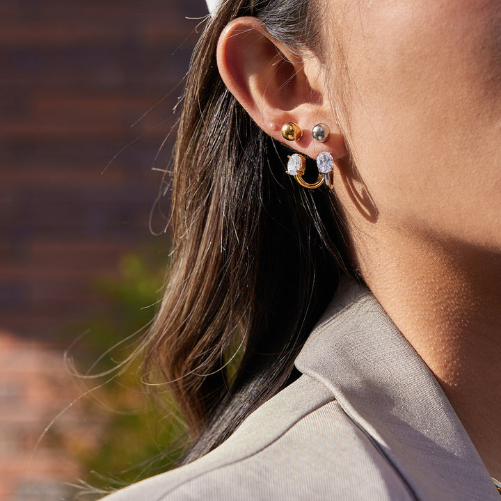 J&D Elegant Silver Tone Oval CZ Huggie Hoops Stainless Steel Modern Geometric C Hoop Earrings for Women Everyday Jewelry