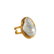 J&D Vintage Luxury Jewelry Stainless Steel 18K Gold Rings Women Handmade Big Baroque Pearl Open Rings