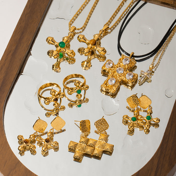 J&D Jewelry Natural Agate Stone Cross Earring Necklace 18K PVD Gold Plated Blingbling CZ Earring Necklace Set