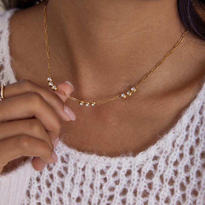 J&D 18K PVD Gold Plate Stainless Steel Chain Minimalist Classic White Cubic Zirconia Paperclip Necklace