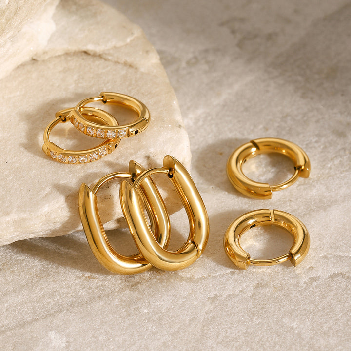J&D Classic Dainty 18k Gold Stainless Steel Zircon Hoop Earring Sets Three Pairs in Vintage Geometric Style