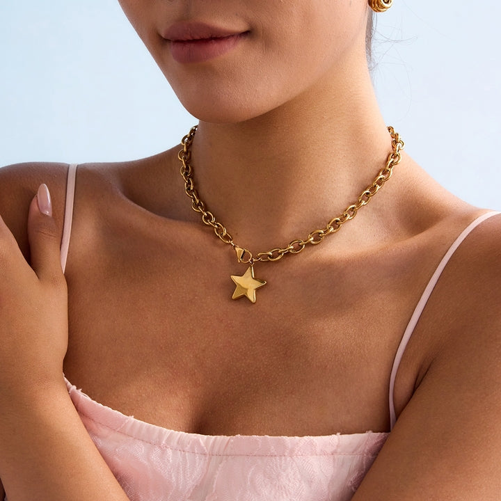 J&D 18k Gold Plated Stainless Steel Classic Style Polished Star Cute Glossy Pendant Necklace