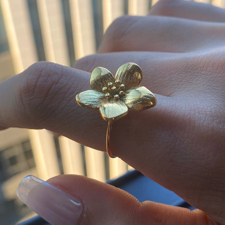 J&D 18K Gold Romantic Jewelry Stainless Steel Flower Adjustable Open Ring Sweet