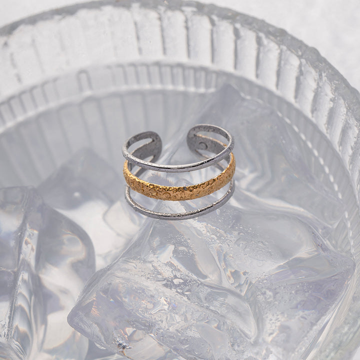 Waterproof 18k Gold Plated Stainless Steel Jewelry Hollow Three Layer Opening Texture Rings for Women