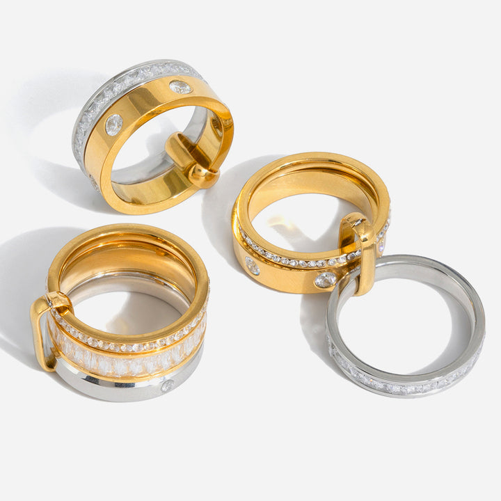 J&D Elegant Two Tone Stackable Rings 18K Gold Plated Multi Band Ring with Cubic Zirconia Accents Modern Geometric Women Jewelry