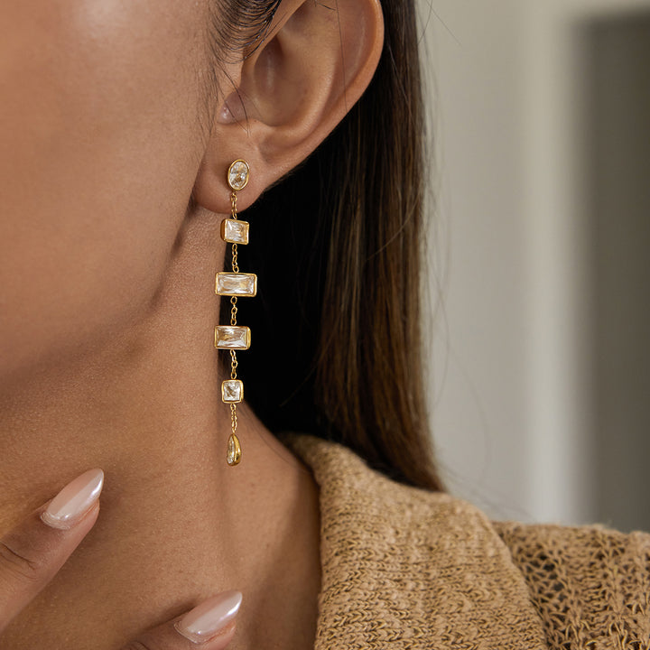 J&D Classic CZ Tassel Earring 18K Gold Plated Stainless Steel Square White Zircon Teardrop Zircon Tassel Earrings