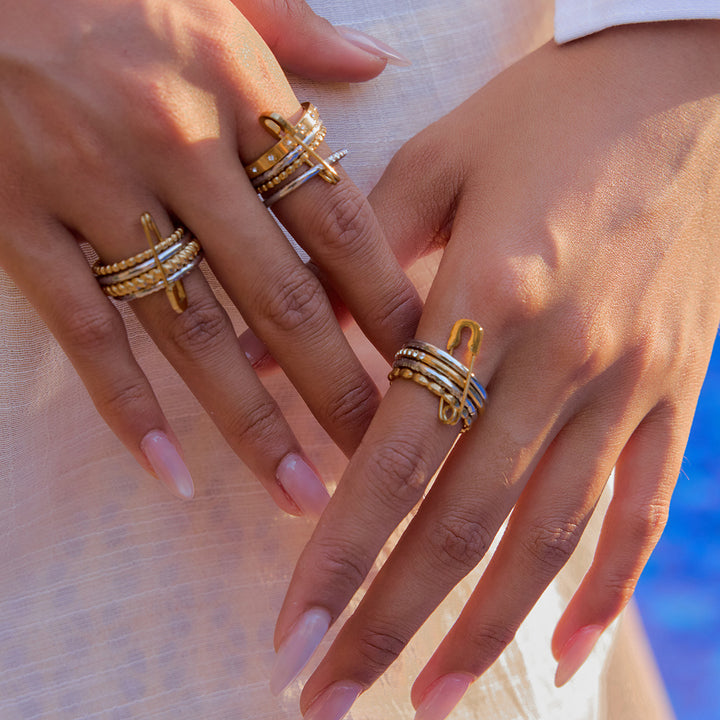 J&D 18K Gold Plate Stainless Steel Rings Classic Gold and Silver Twist Paper Clip Multi-layer Stacking Rhinestone Ring