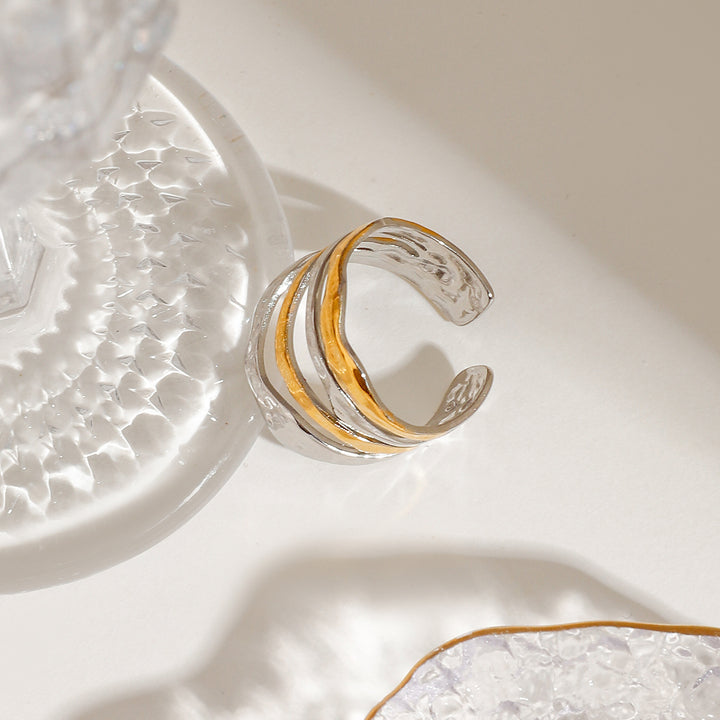 J&D Modern Minimalist 18K gold stainless steel Two Tone Multi-Layer Lines Adjustable Open Rings