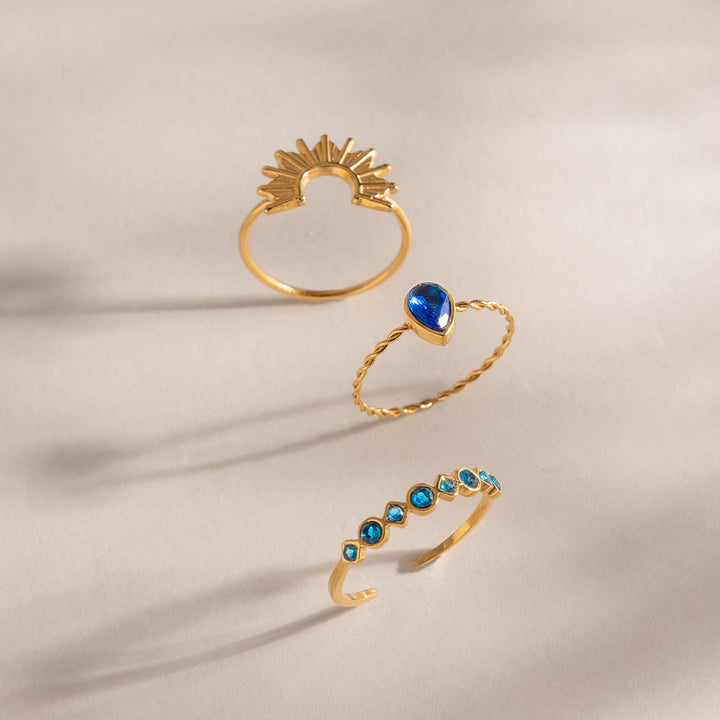 J&D Elegant Exquisite 3 in 1 Blue CZ Ring 18K Gold Stainless Steel Ribbed Sun Teardrop Blue Zircon Stacking Ring 3pcs Set Size 7