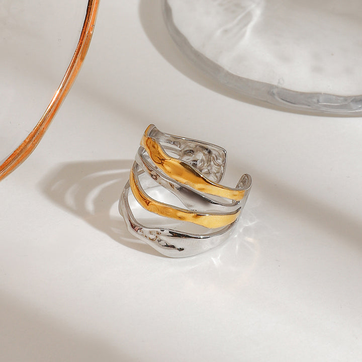 J&D Modern Minimalist 18K gold stainless steel Two Tone Multi-Layer Lines Adjustable Open Rings