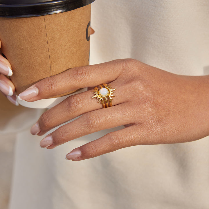 J&D Elegant Opal Inlay Stackable Ring Set Gold Plated Sunburst Design Adjustable Open Cuffs Celestial Jewelry Trio