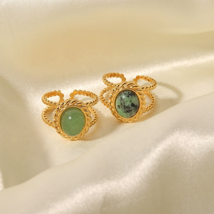 J&D Jewelry Natural Stone African Turquoise Agate Rope Sun 18K Gold Plated Stainless Steel Opening Rings