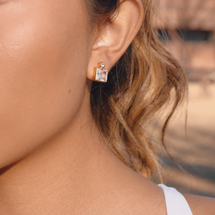 J&D Elegant Mixed Shape CZ Stud Earrings Teardrop and Rectangular Geometric Design 18K Gold Plated Stainless Steel Earrings