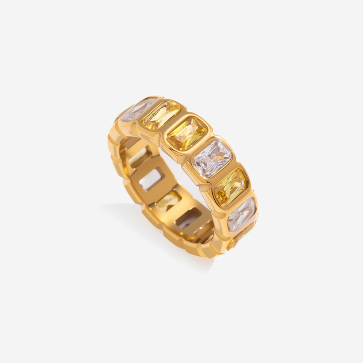 J&D 18K Gold PVD Stainless Steel Ring Rectangle Multi Color Zirconia Inlaid Tarnish Free Baguette Cut Luxury Female Jewelry