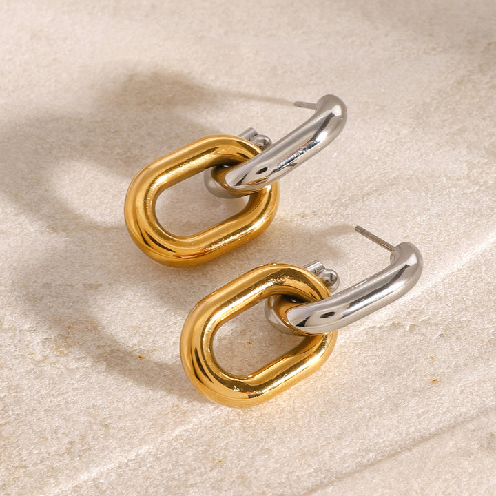 J&D 18k Gold Silver Stainless Steel Retro Knocker Earrings Contemporary Vintage Style Two Tone Chain Hoop with Geometric Pattern