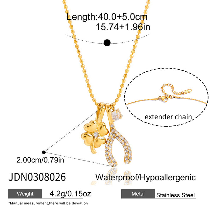 J&D 18K Gold Plated Stainless Steel Necklace Zircon Four Leaf Clover Wishbone Bead Chain Lucky Charms Necklace for Gift
