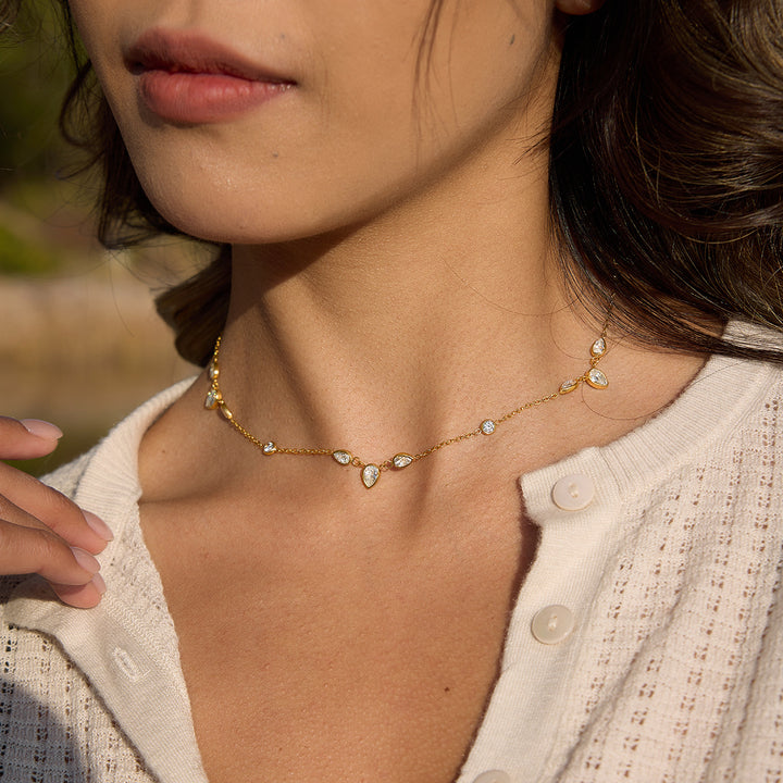 J&D 18K PVD Gold Plate Stainless Steel Necklace Waterproof Classic White Teardrop Zircon O-Chain Necklace