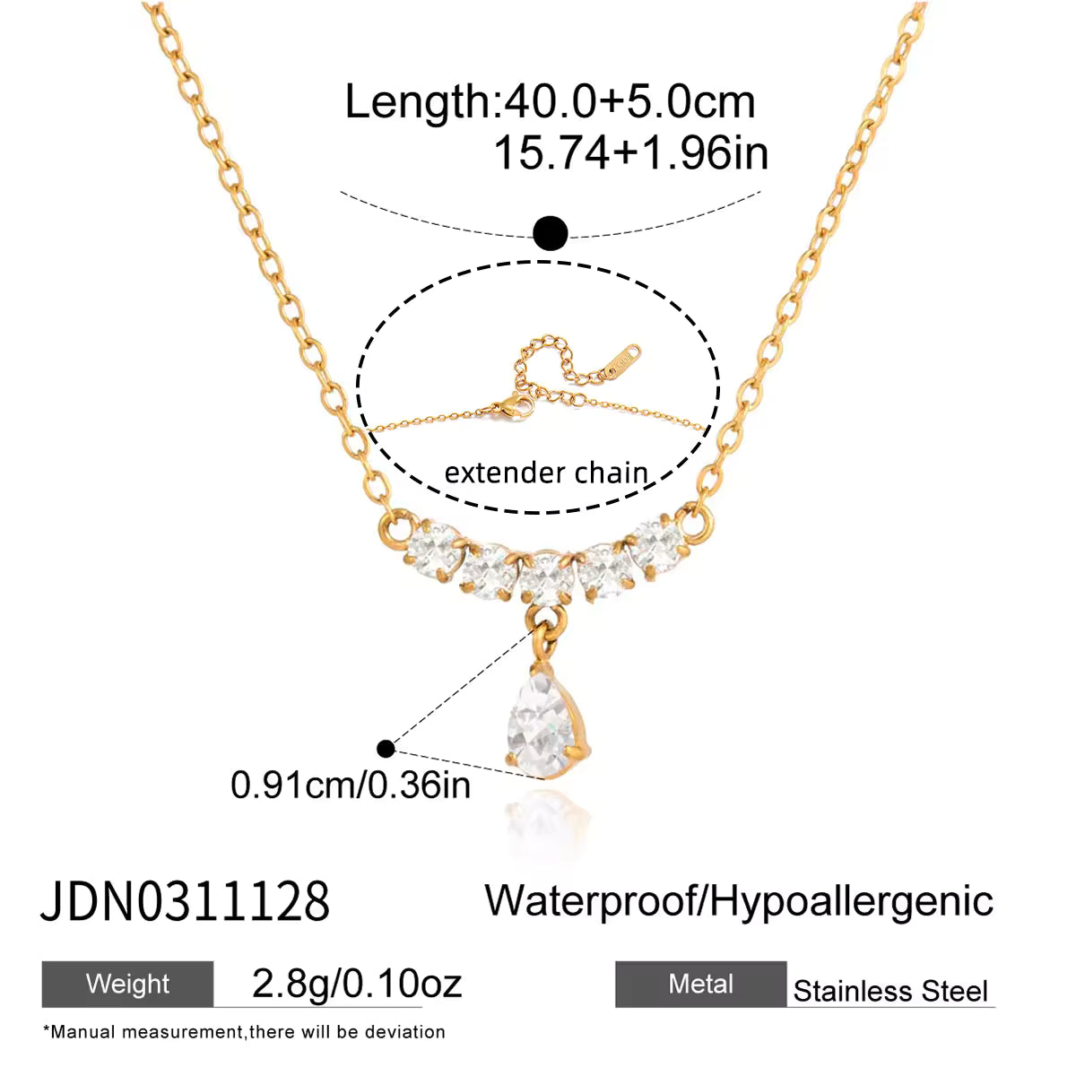 Teardrop CZStone Necklace Single StainlessSteel GoldTone Polished FineCurved Bar Elegant Minimalist Trendy Party Daily Gift