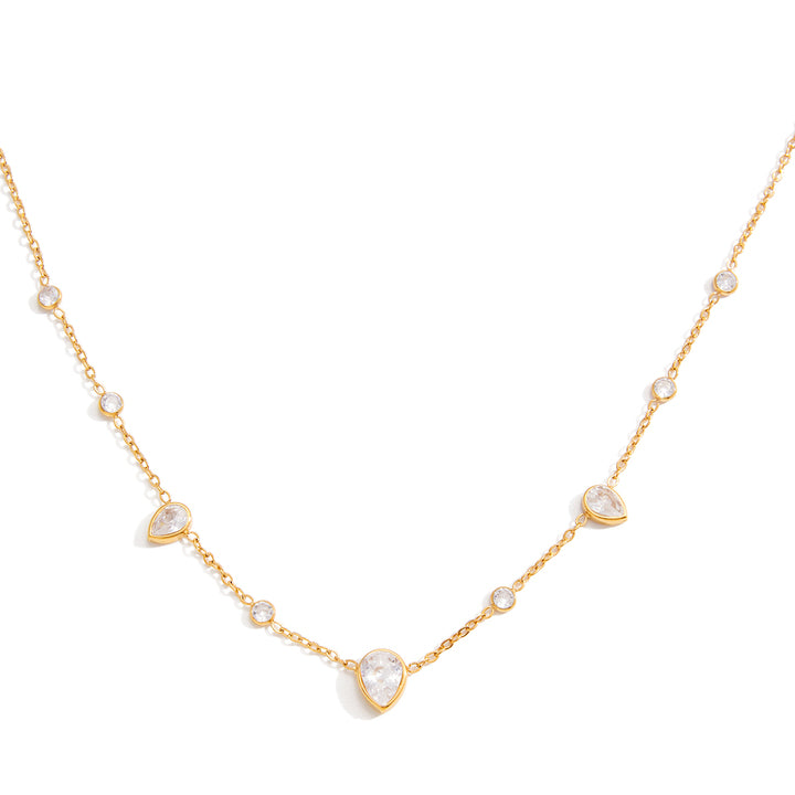 J&D 18K PVD Gold Plate Stainless Steel Necklace Trendy Classic White Teardrop-shaped Zircon Necklace