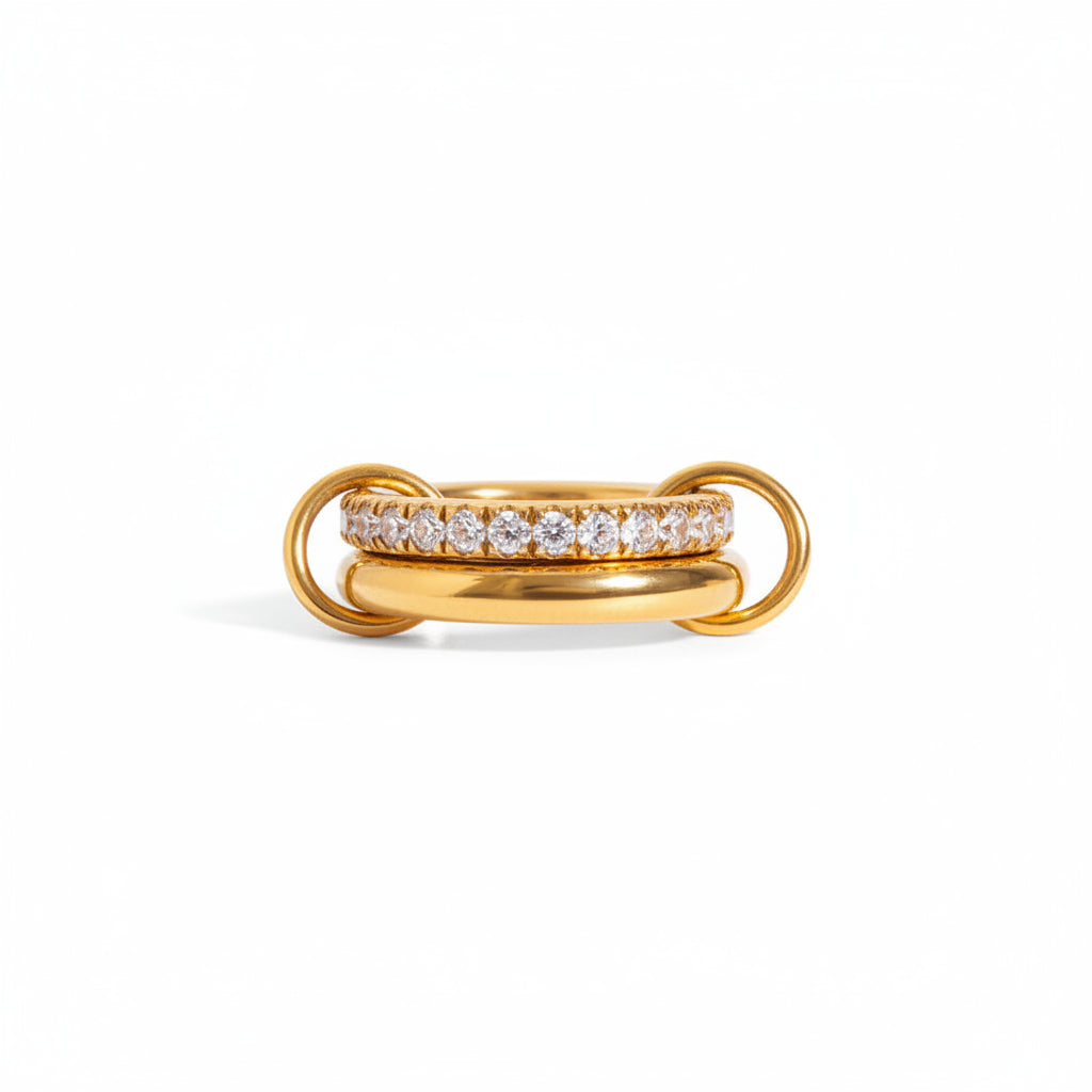 JD 18K PVD Gold Plate Stainless Steel Rings Sweet Romantic Spinel Double Layer Interlocking Ring