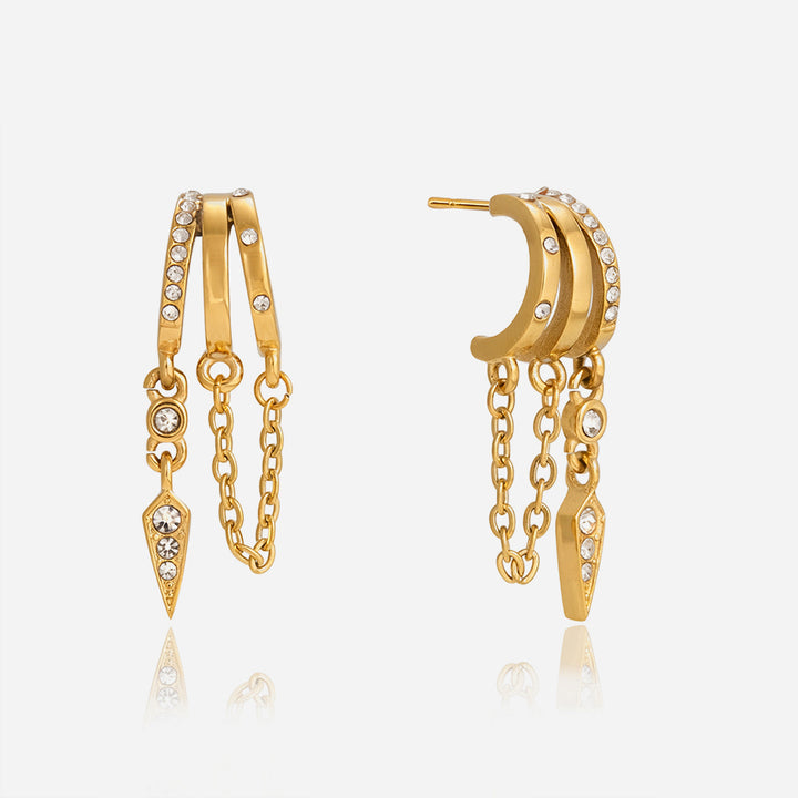 J&D Delicate Tassel Earring 18K Gold Stainless Steel Crystal Three Layer Hollow CC Chain Tassel Cone Shaped Earrings