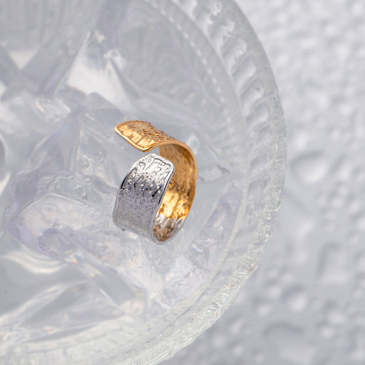 J&D Design Two-tones Ring 18K PVD Gold Plated Stainless Steel Ring Two Tone Colorblock Cross Asymmetric Open Ring