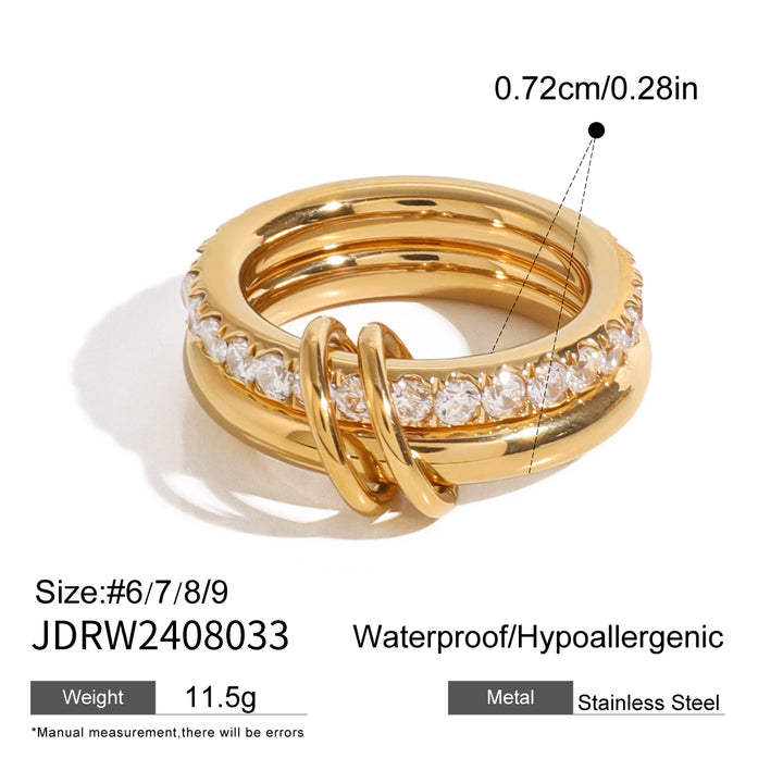 J&D Stainless Steel 18K PVD Gold Plating Smooth Twins Multi Wearing Interlocking CZ Magic Ring
