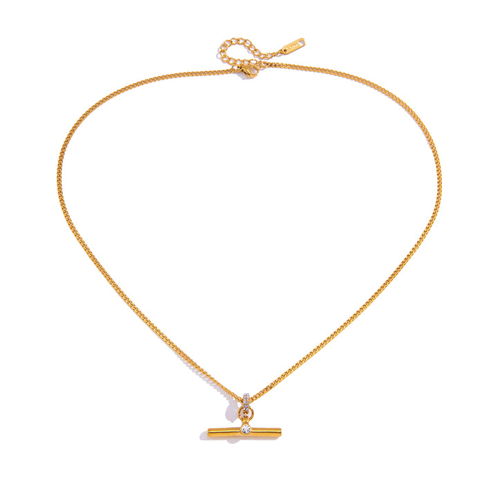 J&D Original Design Minimalist T Bar Necklace 18K Gold Stainless Steel Fashion Rhinestone T Bar Pendant Necklace