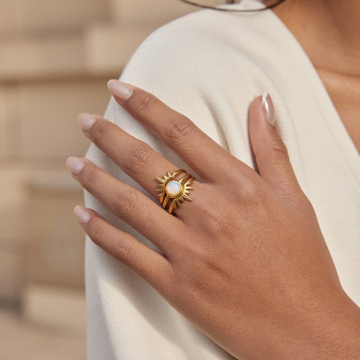 J&D Elegant Opal Inlay Stackable Ring Set Gold Plated Sunburst Design Adjustable Open Cuffs Celestial Jewelry Trio