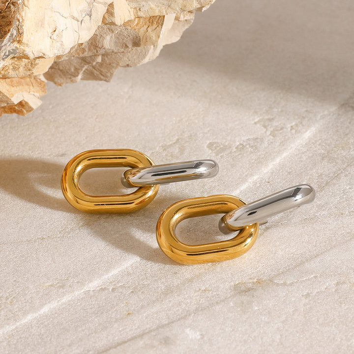 J&D 18k Gold Silver Stainless Steel Retro Knocker Earrings Contemporary Vintage Style Two Tone Chain Hoop with Geometric Pattern