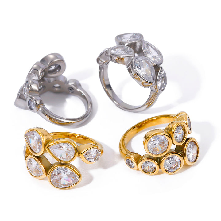 J&D18K Gold IP Plateding Stainless Steel Irregular Crystal Round Teardrop Pearl Zircon Ring for Women