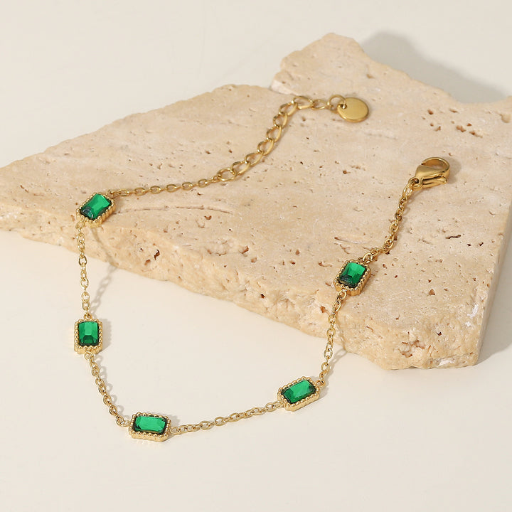 14K Gold Plated Stainless Steel Fine Chain Cubic Zirconia Jewelry Mulit Green Rectangle Bracelet