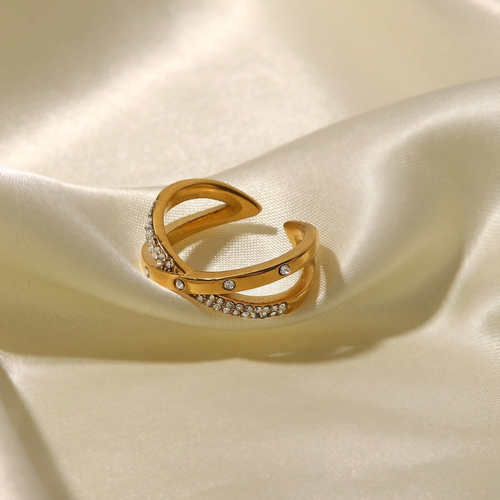 18K Gold Plated Stainless Steel Double Layer Zircon X Cross Opening Rings Jewelry Gift for Women