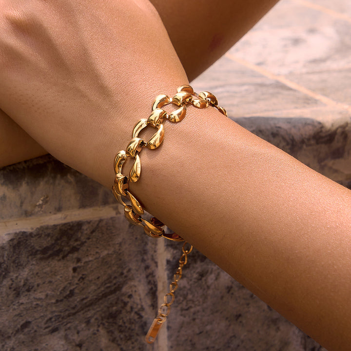 J&D Women's Minimalist Style 18K Gold Stainless Steel Punk Double Teardrop Chain Bracelets