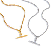 J&D Original Design Classic Inspire T Bar Pendant 18K Gold Stainless Steel Silver Square Cubic Zircon T Bar Cross Chain Necklace