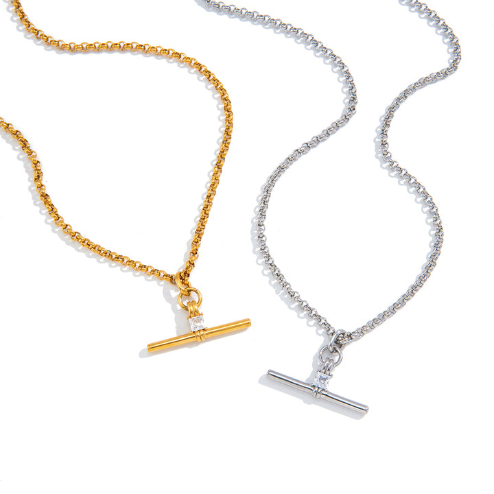 J&D Original Design Classic Inspire T Bar Pendant 18K Gold Stainless Steel Silver Square Cubic Zircon T Bar Cross Chain Necklace