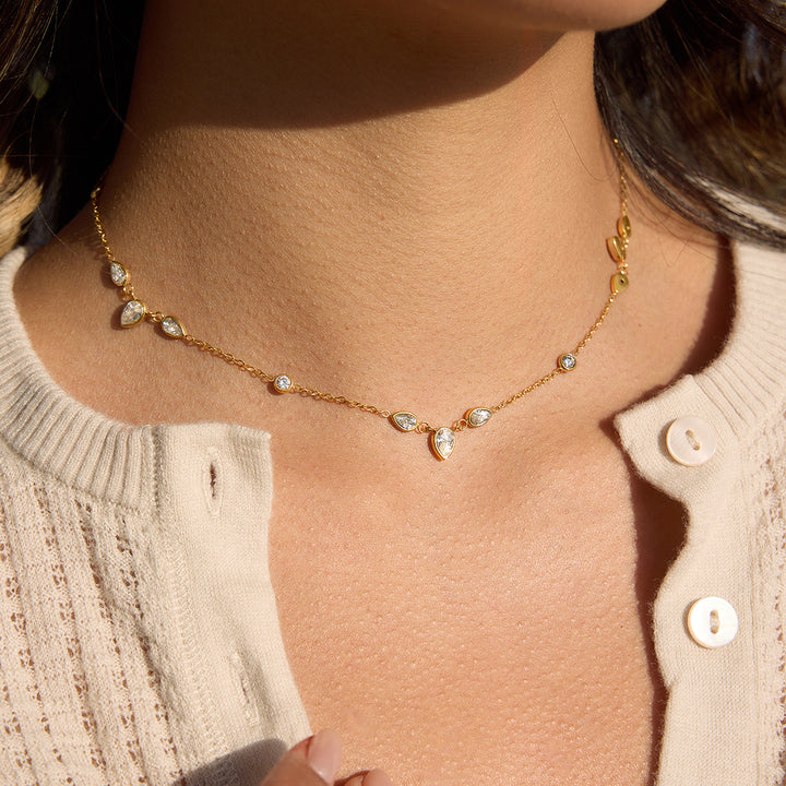 J&D 18K PVD Gold Plate Stainless Steel Necklace Waterproof Classic White Teardrop Zircon O-Chain Necklace