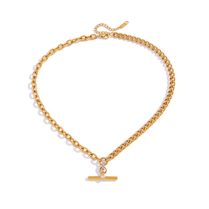 J&D Original Design Classic T Bar Necklace 18K Gold Stainless Steel Fashion Crystal T Bar Pendant Cuban Chain Necklace