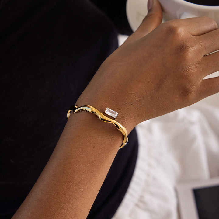 J&D Jewelry Wave Irregular Cuff Bangle 18K Gold Plated Stainless Steel Zircon Opening Bangle