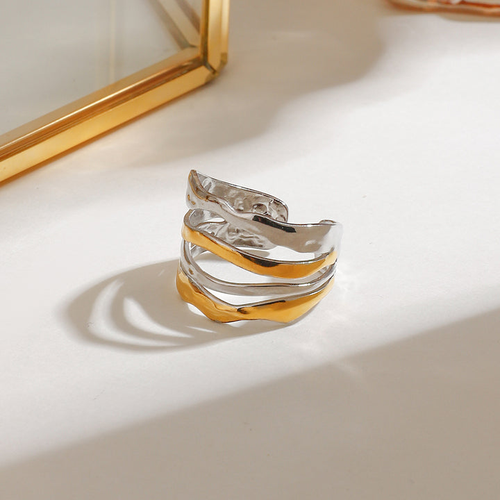 J&D Modern Minimalist 18K gold stainless steel Two Tone Multi-Layer Lines Adjustable Open Rings