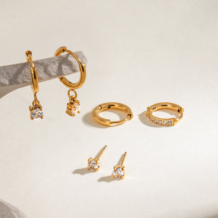 J&D 18k Gold Stainless Steel Zircon Hoop Earrings Set Three Pairs Classic Style