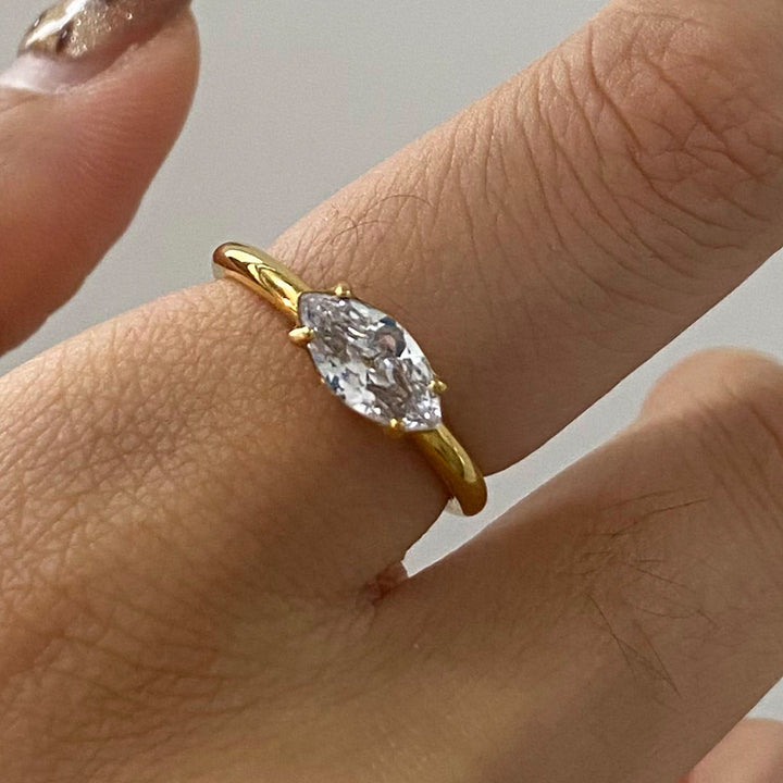 J&D 18K Gold Stainless Steel White Diamond Marquise Shaped Diamond and Two-Layer Hollow Braided Stackable Rings Set