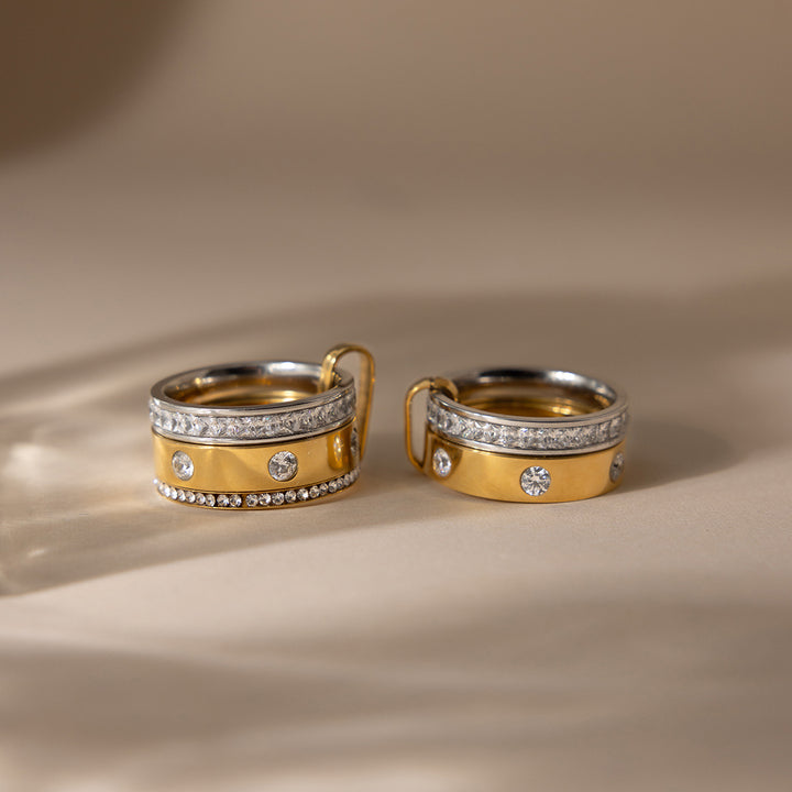 J&D 18K Gold Plate Stainless Steel Rings Classic Two Tone White Rhinestone Multi-ring Stacking Ring
