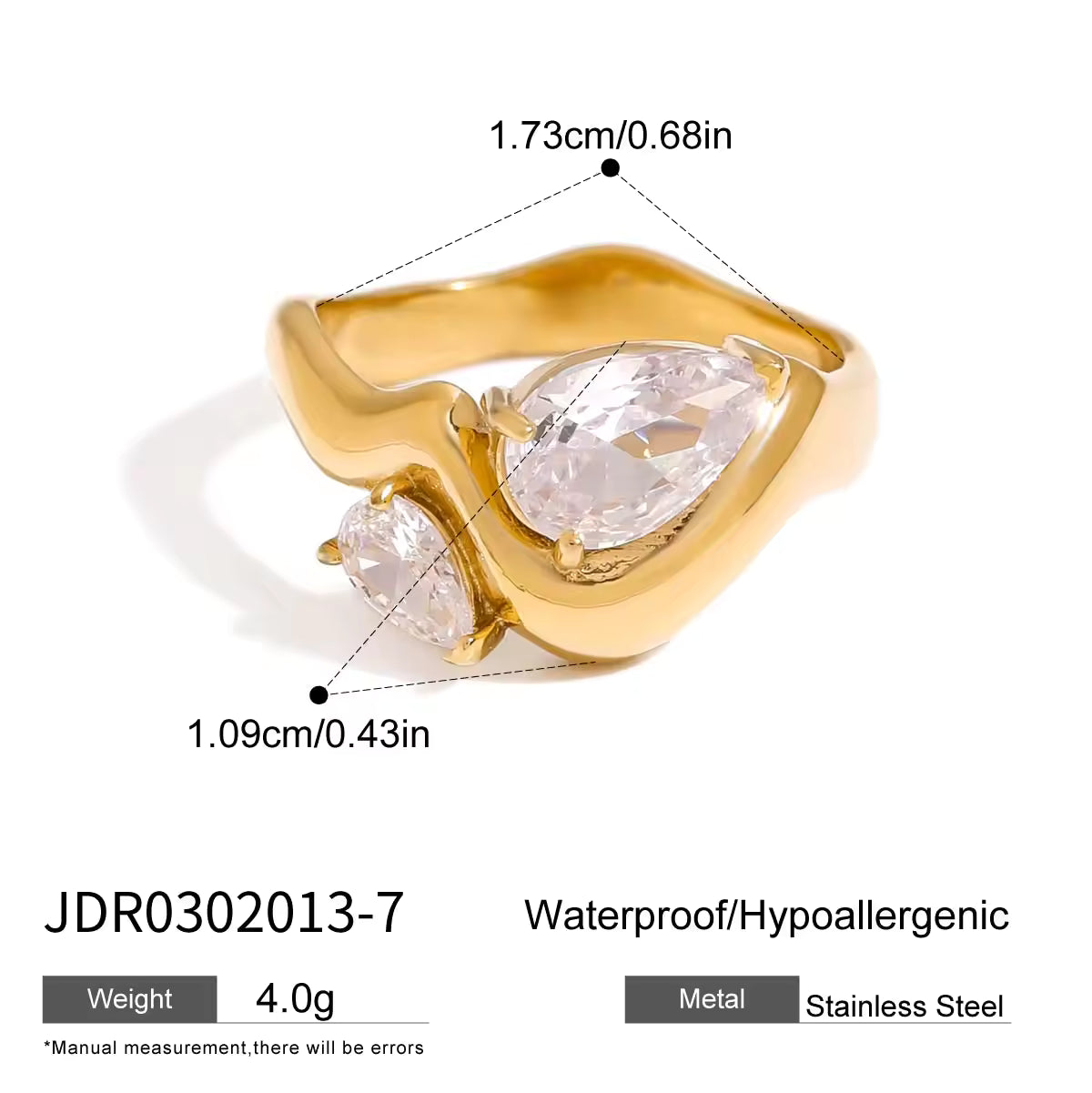 Fashion Jewelry 18k Gold Plated Stainless Steel Two Zircon Undulating Band Ring Wave Women