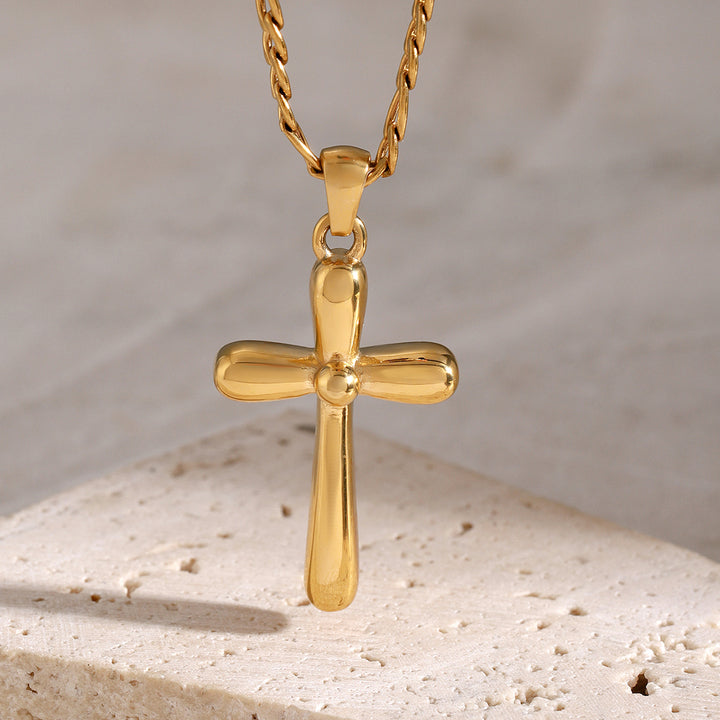 J&D 18K Gold Plated Stainless Steel Cross Necklace 50+5cm Snake Chain with Pearl Trendy Geometric Style for Gift