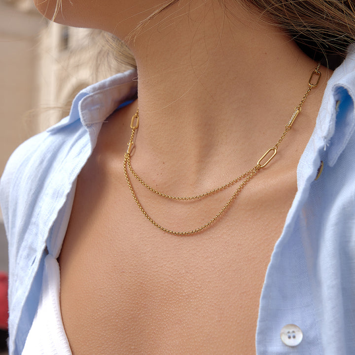J&D 18K PVD Gold Plate Stainless Steel Necklace Classic White Rhinestone Hollow O-Shaped Chain Necklace