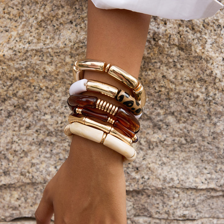 J&D Vintage Resin Bamboo Bangles UV Gold Plated Leopard Amber Resin Bamboo Joint Bangle Bracelets 2pcs Set
