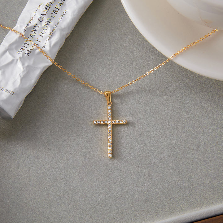 J&D Jewelry Waterproof Stainless Steel 18K PVD Gold Plating Cable Chain White Transparent Pave Cross Necklace